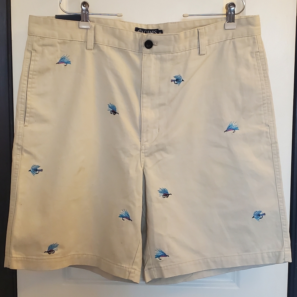 Chaps Tan Flat Front Shorts with Embroidered Design - Sz 38 Mens